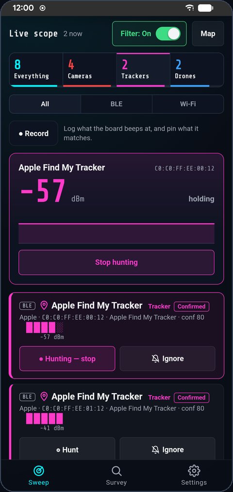 Hunting an Apple Find My tracker, signal meter at -57 dBm