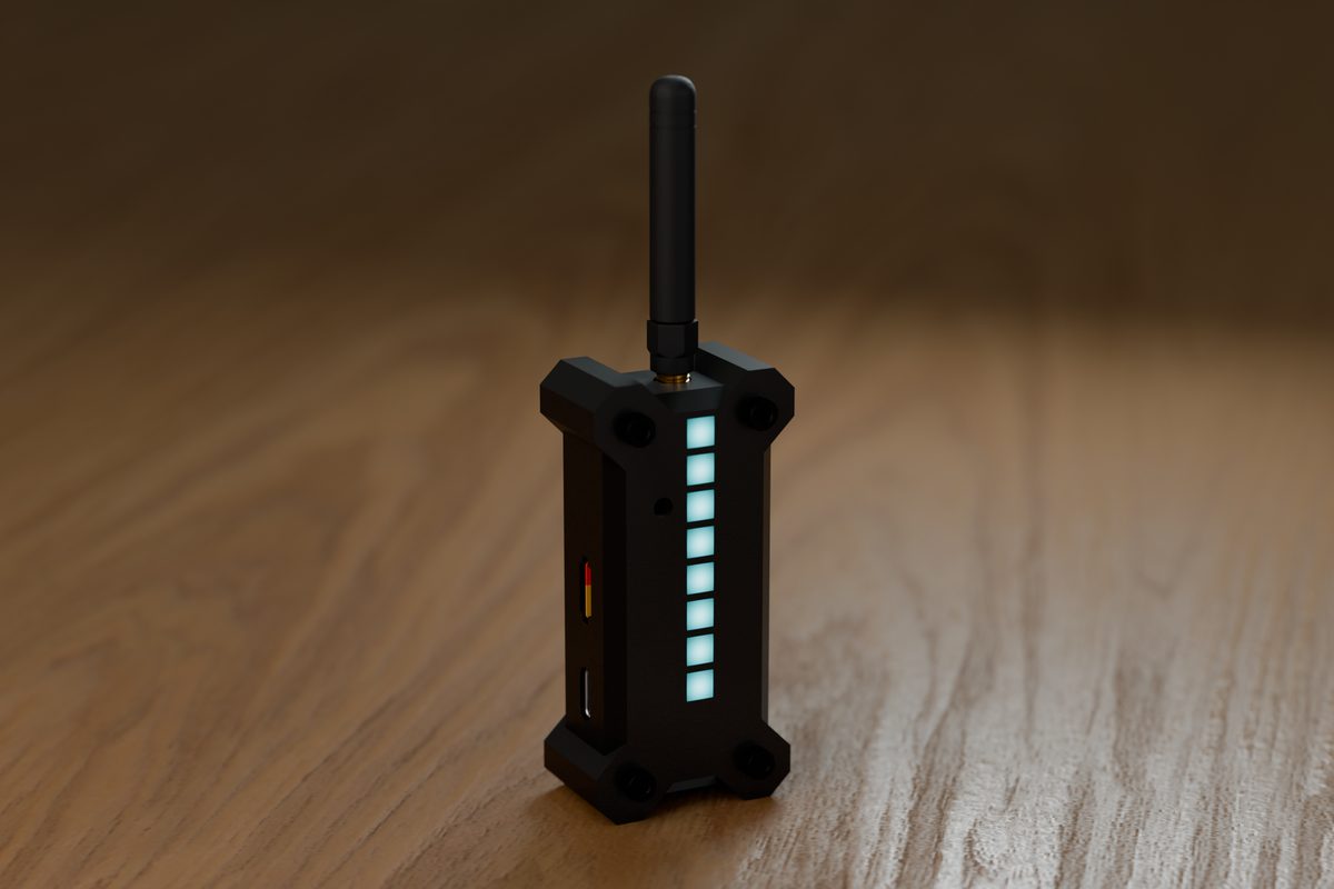 An assembled SignalSweep standing on end, antenna up, LED bar lit